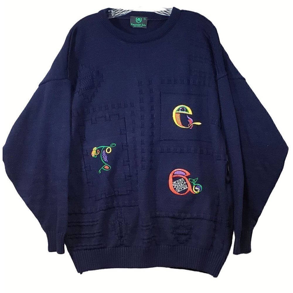 Vtg Emerald Isle Knit Sweater XL Blue Embroidered Textured Crew‎ Ireland Irish